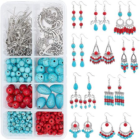 SUNNYCLUE 1 Box DIY 10 Pairs Turquoise Earring Making Kits Synthetical Turquoise Howlite Beads & Chandelier Component Links Charms & Bead Caps for Handmade Earrings Beginner