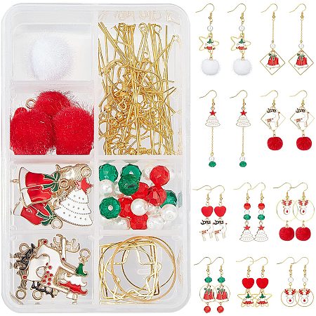 SUNNYCLUE 1 Box DIY 10 Pairs Christmas Fabric Fur Pompom Earring Making Kits Christmas Tree Reindeer Enamel Pendants Charms Faux Mink Fur Covered Pendants for Women Beginners, Instruction