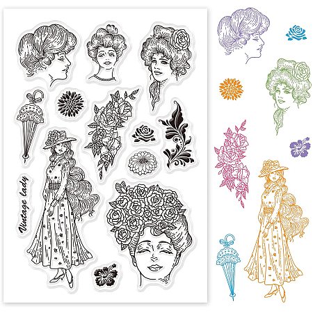 GLOBLELAND Vintage Ladies Silicone Clear Stamps Flowers Transparent Stamps for Birthday Valentine's Day Cards Making DIY Scrapbooking Photo Album Decoration Paper Craft