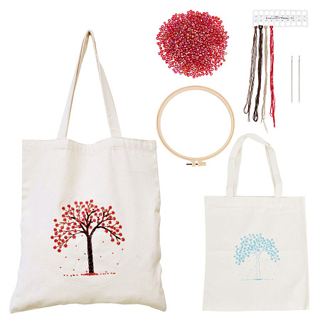 WADORN DIY Tote Canvas Bag Embroidery Kit with Tree Pattern, Tote Bag Needlepoint Starter Kit Personalized Canvas Bag Cross Stitch Kit with Instruction Handmade Bead Embroidery Handbag Sewing Project