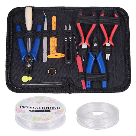 ARRICRAFT Jewelry Tool Sets, with Jewelry Pliers, Stainless Steel Bead Awls, Scissors, Stainless Steel Beading Tweezers and Elastic Crystal Thread, Mixed Color, 22x14.5x3cm