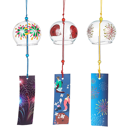 BENECREAT 3Pcs 3 Style Japanese Glass Wind Chimes, Fireworks Pattern Small Wind Bells with Paper Card, Suncatcher for Garden Window Party Hanging Decors, Mixed Color, 375~410mm, 1pc/style