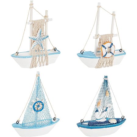 SUPERFINDINGS 4Pcs 4 Sizes Sailboat Model Decoration Wooden Sailing Boat  Home Decor Nautical Wooden Boat Decor for Home Office Table TV Cabinet  Display 