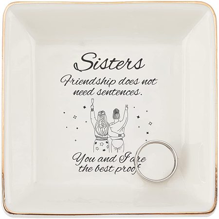 SUPERDANT Porcelain Square Trinket Dish, Sisterhood Theme Ceramic Jewelry Tray, Ring Key Holder, Small Jewelries Plate, Gift for Friends Family, Home Decor 4.1