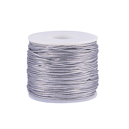 PandaHall Elite 2mm 50m/ 54 Yards Metallic Tinsel Elastic Cord Polyester Ribbon Stretch Cord Jewelry Making Gift Wrap Ribbon, Silver