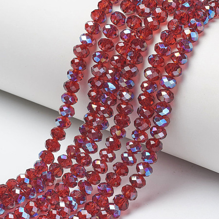 Honeyhandy Electroplate Glass Beads Strands, Half Plated, Blue Plated, Faceted, Rondelle, FireBrick, 4x3mm, Hole: 0.4mm, about 123~127pcs/strand, 16.5~16.9 inch(42~43cm)
