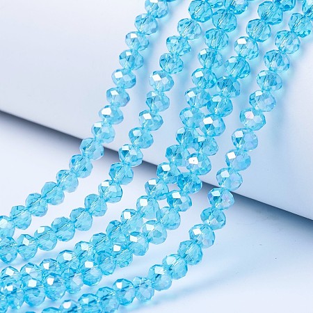 Honeyhandy Electroplate Glass Beads Strands, AB Color Plated, Faceted, Rondelle, Cyan, 6x5mm, Hole: 1mm, about 85~88pcs/strand, 16.1~16.5 inch(41~42cm)