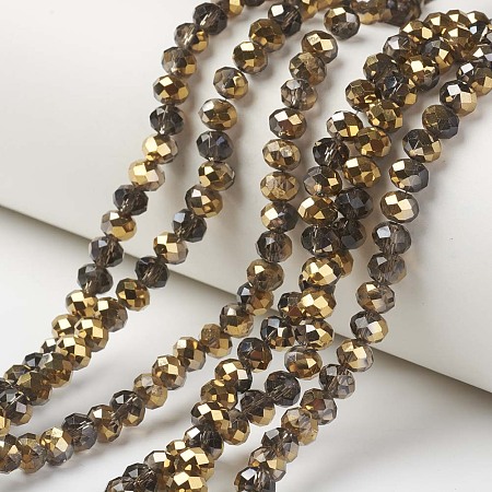 Honeyhandy Electroplate Transparent Glass Beads Strands, Half Golden Plated, Faceted, Rondelle, Coconut Brown, 6x5mm, Hole: 1mm, about 85~88pcs/strand, 16.1~16.5 inch(41~42cm)