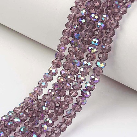 Honeyhandy Electroplate Glass Beads Strands, Half Rainbow Plated, Faceted, Rondelle, Purple, 8x6mm, Hole: 1mm, about 65~68pcs/strand, 15.7~16.1 inch(40~41cm)