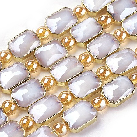 NBEADS Opaque Glass Beads Strands, with Golden Tone Brass Findings, Pearl Luster Plated, Faceted, Rectangle, White, 14~14.5x10x6.5~7mm, Hole: 1.2mm; about 10pcs/strand, 7.48