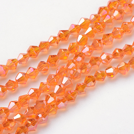 Honeyhandy Glass Beads Strands, AB Color Plated, Faceted, Bicone, Dark Orange, 4x4mm, Hole: 1mm, about 92~96pcs/strand, 13.78~14.37 inch