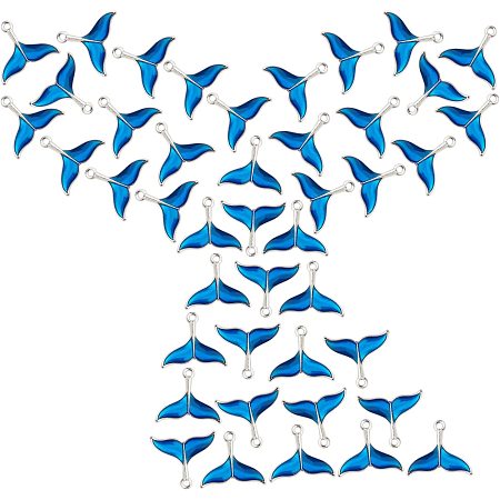 SUNNYCLUE 1 Box 50Pcs Fish Tail Charm Blue Mermaid Whale Dolphin Fishtail Sea Animals Ocean Alloy Enamel Pendants Silver Plated for Jewelry Making Charms Bracelets Necklaces Supplies