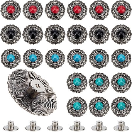 AHANDMAKER 24 Sets Sun Flower Decorative Buckle with Screws Back, Vintage Synthetic Turquoise Conchos Buttons, Round Shape Leather Decorative Buckle for DIY Craft, 0.98x0.43 inch