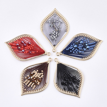 Honeyhandy Polyester Thread Woven Big Pendants, with Glass and Golden Plated Alloy Findings, Long-Lasting Plated, Leaf, Mixed Color, 55.5x34x4mm, Hole: 2mm