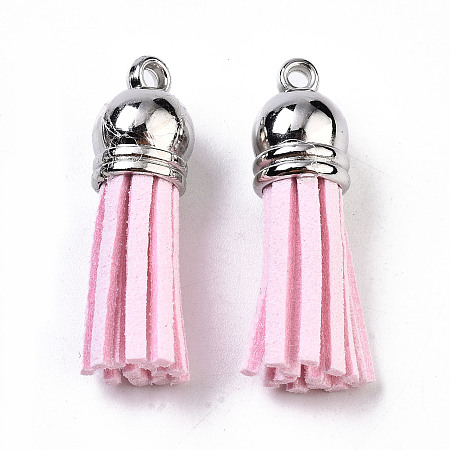 Honeyhandy Faux Suede Tassel Pendant Decorations, with CCB Plastic Cord Ends, Platinum, Pink, 35~37x10mm, Hole: 1.8mm