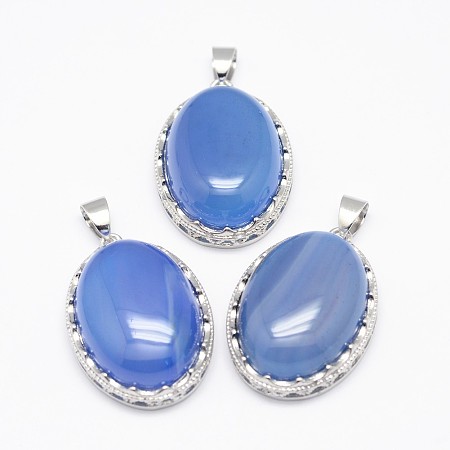 Honeyhandy Natural Blue Agate Pendants, with Brass Findings, Oval, Dyed, Platinum, 30x21x10~11mm, Hole: 6x4mm