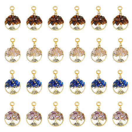 DICOSMETIC 32Pcs 4 Styles Natural Mixed Stone European Dangle Charms, Natural Rose Quartz & Tiger Eye & Lapis Lazuli & Amethyst, Large Hole Pendant, with Alloy Findings, Flat Round with Tree of Life, Golden, 39mm, Pendant: 28.5x25x5~7mm, Hole: 4.5mm, 8pcs/style