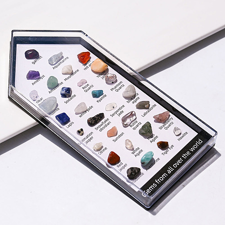 Honeyhandy 31 Styles Raw Rough Nuggets Mixed Natural Gemstone Specimen Display Decorations, with Glass Box, Box: 150x70mm, Gemstone: 7~10mm