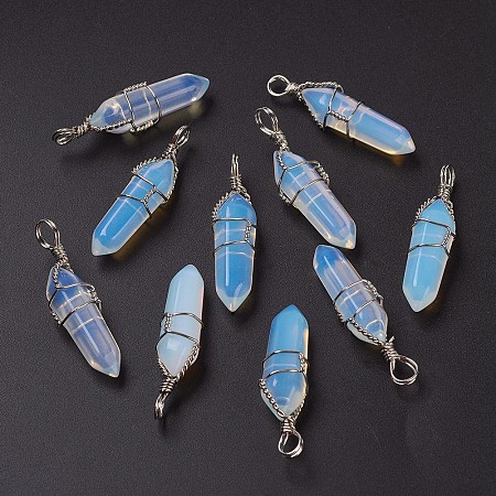 Honeyhandy Faceted Bullet Platinum Plated Brass Opalite Double Terminated Pointed Pendants, 38~42x8~9mm, Hole: 3~6mm