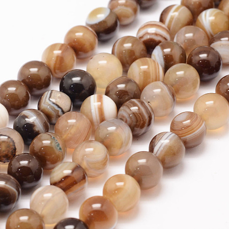 Honeyhandy Natural Striped Agate/Banded Agate Bead Strands, Round, Grade A, Dyed & Heated, Coffee, 10mm, Hole: 1mm, about 37~38pcs/strand, 14.5 inch
