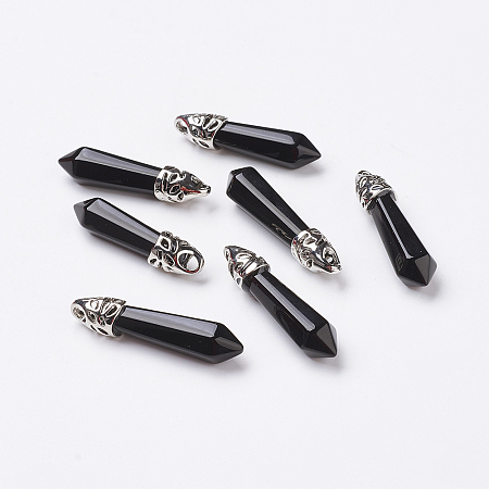Honeyhandy Natural Obsidian Pointed Pendants, with Platinum Tone Alloy Findings, Bullet, 33~40x8~9x8~9mm, Hole: 3x4mm