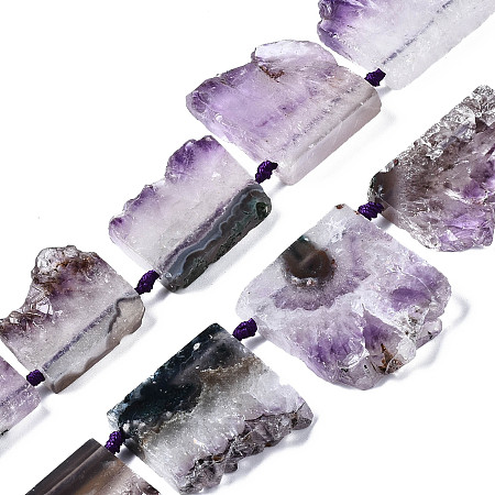 Honeyhandy Natural Druzy Amethyst Beads Strands, Rectangle, 30~44.5x20~47x7~11mm, Hole: 1.8mm, about 9~10pcs/strand, 15.75''~16.34''(40cm~41.5cm)