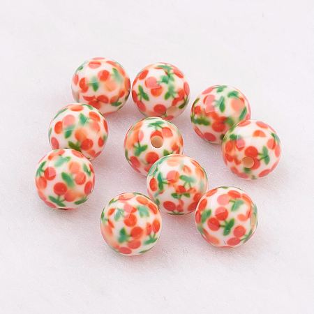 Honeyhandy Spray Painted Resin Beads, with Cherry Pattern, Round, Orange, 10mm, Hole: 2mm