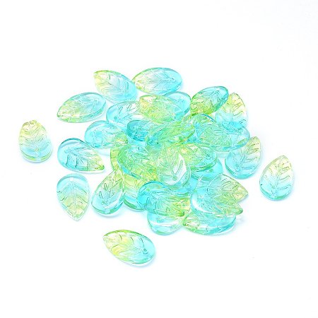 Honeyhandy Transparent Glass Pendants, Leaf, Two Tone, Aquamarine, 18x11x3mm, Hole: 1.2mm