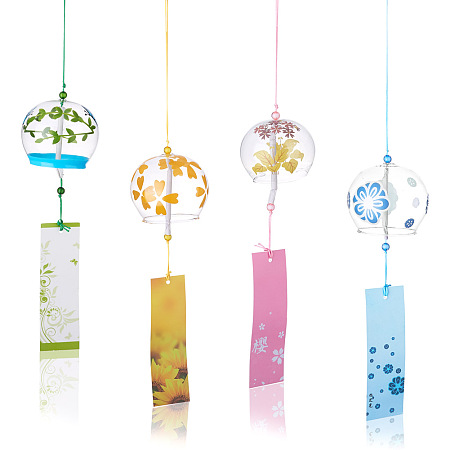 Crafans 4Pcs 4 Style Japanese Round Painting Glass Wind Chimes, with Polyester Cord, Plastic Beads, Rectangle Paper Card, Mixed Patterns, 1pc/style