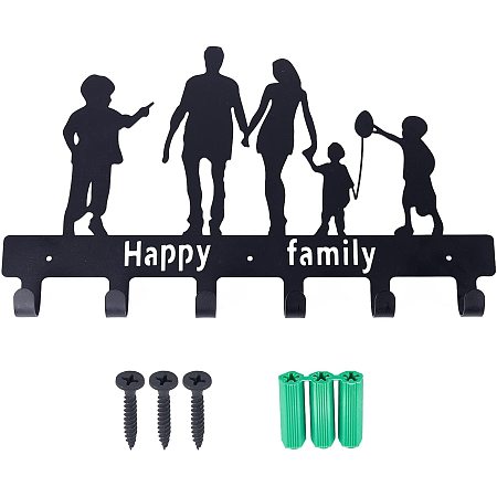 Arricraft Iron Wall Hanging Hook Free Perforated Sticky Hook Hanger Happy Family Pattern Decoration Storage Rack with 6 Hooks Bag Key Scarf Hanger Wall Decoration (24x40x2.38cm)