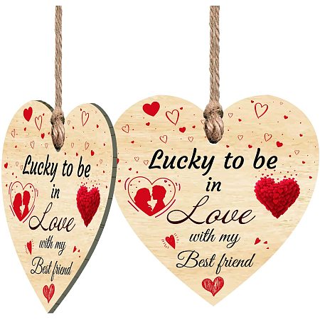 CRASPIRE Wood Friendship Sign Lucky to Be in Love with My Best Friend 2pcs Wooden Hanging Heart Plaque with Jute Twine for Friends Christmas Ornaments Tags Crafts Birthday Gifts for Wall Door Decor