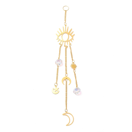 Honeyhandy Hanging Crystal Aurora Wind Chimes, with Prismatic Pendant and Moon & Eye Iron Link, for Home Window Chandelier Decoration, Golden, 265x2.5mm