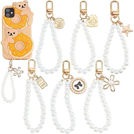 CHGCRAFT 6Pcs 6 Style Glass Pearl Phone Chain Pearl Beaded Phone Lanyard with Bowknot Stars Heart Flower Charms Phone Wrist Strap Bracelet Keychain Cell Phone Accessories for Women Womens