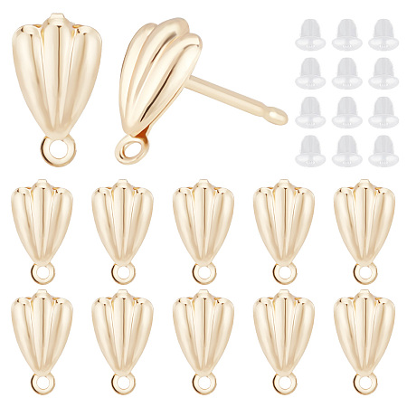 PandaHall Elite 10 Pairs Brass Stud Earring Finding, with Horizontal Loops and 20Pcs Plastic Ear Nuts, Shell Shape, Golden, 9x5mm, Hole: 1mm, Pin: 0.8mm