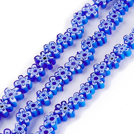 Honeyhandy Handmade Millefiori Glass Bead Strands, Flower, Medium Blue, 6.4~9x3.2mm, Hole: 1mm, about 56pcs/Strand, 15.75''(40cm)