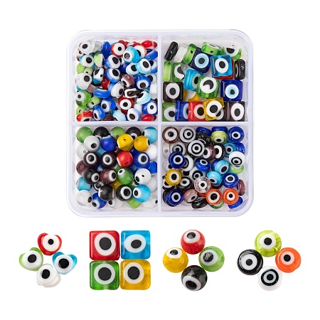 Arricraft Handmade Evil Eye Lampwork Beads Strands, Heart & Square & Flat Round & Round, Mixed Color, about 199~200pcs/box