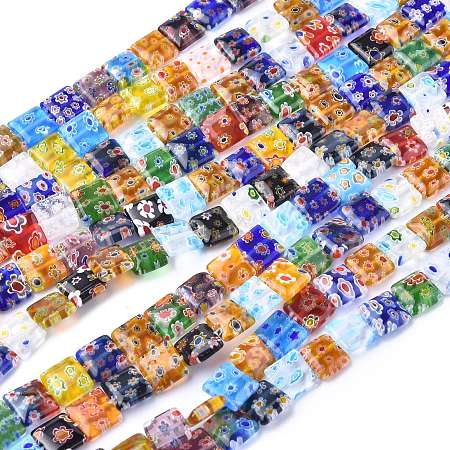 ARRICRAFT Square Handmade Millefiori Glass Beads Strands, Mixed Color, 10x10x4mm, Hole: 1mm, about 38pcs/strand, 14.9 inches