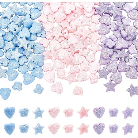 NBEADS 180 Pcs 3 Shapes Opaque Acrylic Beads, Heart Butterfly Star Shape Plastic Cute Beads with Glitter Powder Lovely Loose Beads for Bracelet Necklace Jewelry DIY Craft, 3 Candy Colors