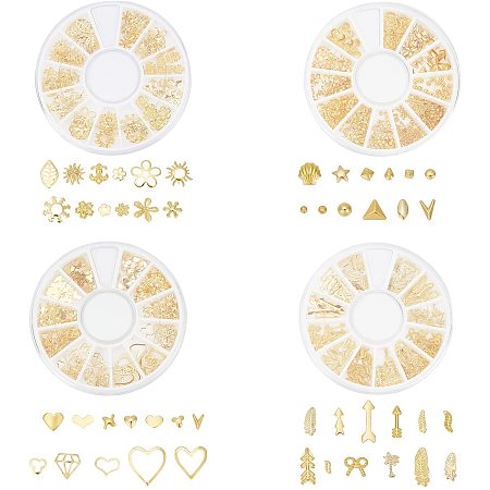 SUNNYCLUE 4 Boxes Gold Nail Stud Brass 3D Art Rivets Charms Golden Flower Heart Darts Diamond Tree Leaf Feather Bowknot Cabochons Set for DIY Jewelry Nails Art Decoration Crafts Supplies