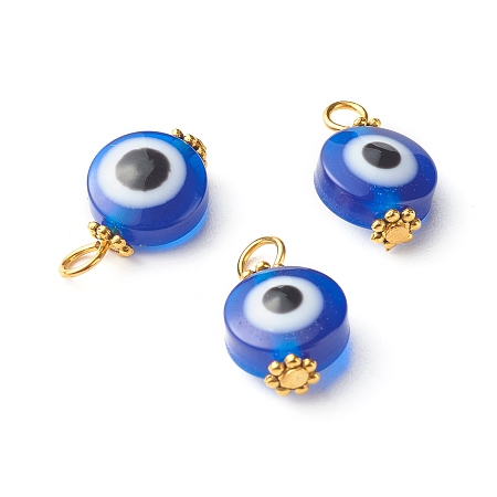 Honeyhandy Iron Resin Beads Pendant, with Tibetan Style Alloy Daisy Spacer Beads, Flat Round with Evil Eye, Dark Blue, 17x10x6mm, Hole: 3~3.5mm