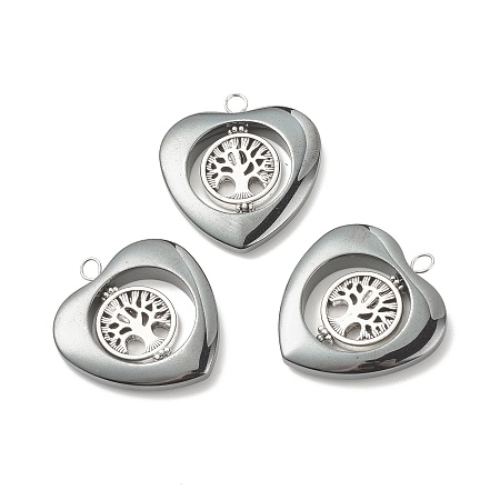 Honeyhandy Non-magnetic Synthetic Hematite Pendants, with Alloy Findings, Heart with Tree, Antique Silver, 39x36x6.5mm, Hole: 4mm