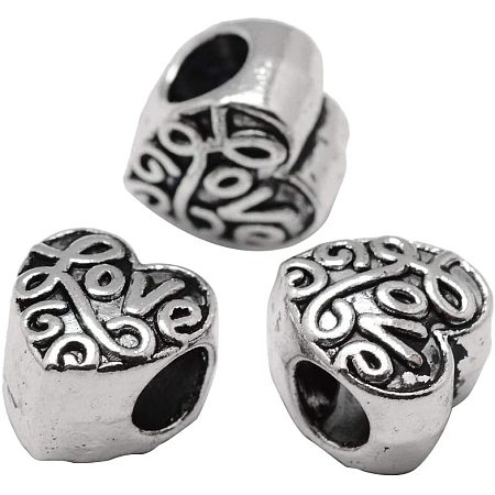CHGCRAFT About 100pcs Alloy European Beads Heart Shaped Charms Large Hole Beads Antique Silver Charm for DIY Jewelry Making 10.5x10x8mm, Hole 5mm