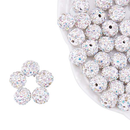 NBEADS 100 Pcs 10mm White Polymer Clay Clear Gemstones Cubic Zirconia CZ Stones Pave Micro Setting Disco Ball Spacer Beads, Round Bracelet Connector Charms Beads for Jewelry Making