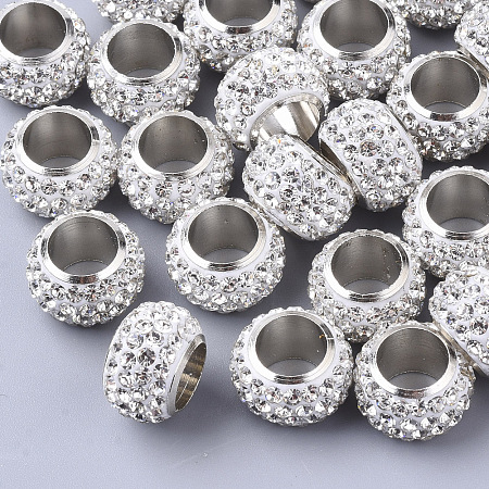 Honeyhandy Polymer Clay Rhinestone Beads, with Platinum Tone Brass Single Cores, Large Hole Beads, Rondelle, Crystal, PP13(1.9~2mm),  4 Rows Rhinestone, 14x9mm, Hole: 8mm