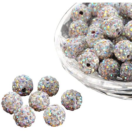 Pandahall Elite About 100 Pcs 10mm Clay Pave Disco Ball Czech Crystal Rhinestone Shamballa Beads Charm Round Spacer Bead for Jewelry Making, Crystal AB