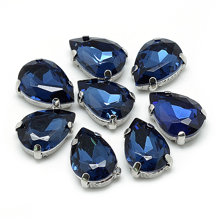 Honeyhandy Sew on Rhinestone, Multi-strand Links, Glass Rhinestone, with 201 Stainless Steel Prong Settings, Garments Accessories, Faceted, teardrop, Prussian Blue, 14x10x6mm, Hole: 0.8~1mm