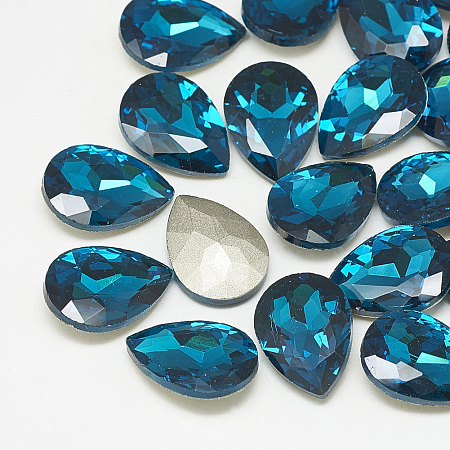 Honeyhandy Pointed Back Glass Rhinestone Cabochons, Back Plated, Faceted, teardrop, Capri Blue, 14x10x4.5mm