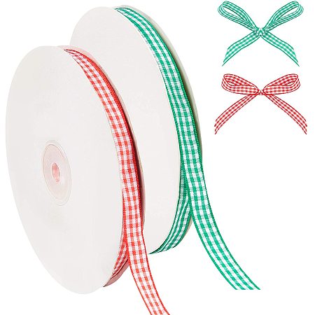 PandaHall Elite 2 Rolls 100 Yards Gingham Ribbon 10mm Wide Craft Ribbon Checkered Craft Ribbons St. Patrick's Day Christmas Cake Gift Wrapping Ribbon for Hair and Craft Decoration (Green and Red)