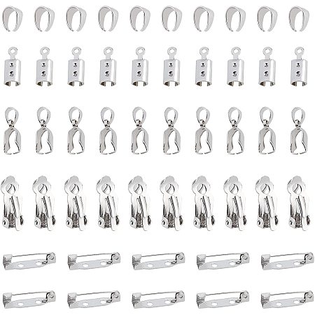 Arricraft 50 Pcs Jewelry Making Kit, Includes Fold Over Cord Ends, Ice Pick Pinch Bails, Snap on Bails, Pin Brooch Back Bar Findings and Clip-On Earrings Findings for Making Jewelry, 10 Pcs/Style