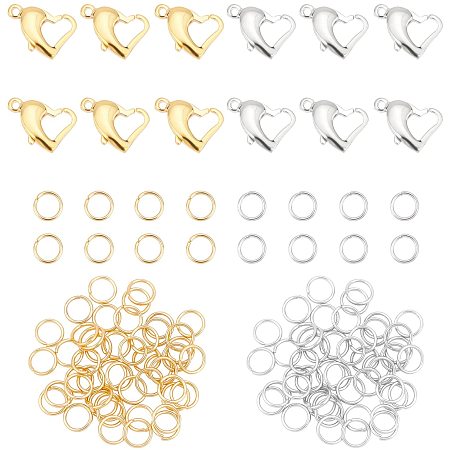 DICOSMETIC 4 Style 12pcs Stainless Steel Heart Lobster Claw Clasps with 100pcs Open Jump Rings Heart-Shaped Lanyard Snap Clip Hooks Metal Lobster Claw Clasps for Jewelry Making Craft